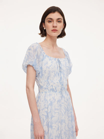 10MM Mulberry Silk Floral Print Women Bubble Hem Midi Dress With Scrunchie