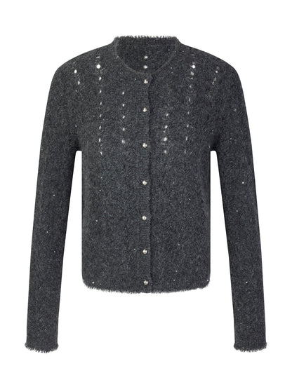 Alpaca Wool Blend Frayed Edges Women Open-Knit Cardigan