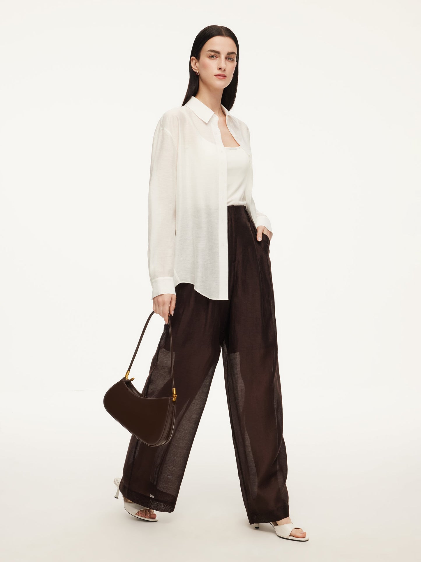 Tencel Acetate Linen Blend Women Sheer Oversized Shirt & Camisole Two-Piece Set