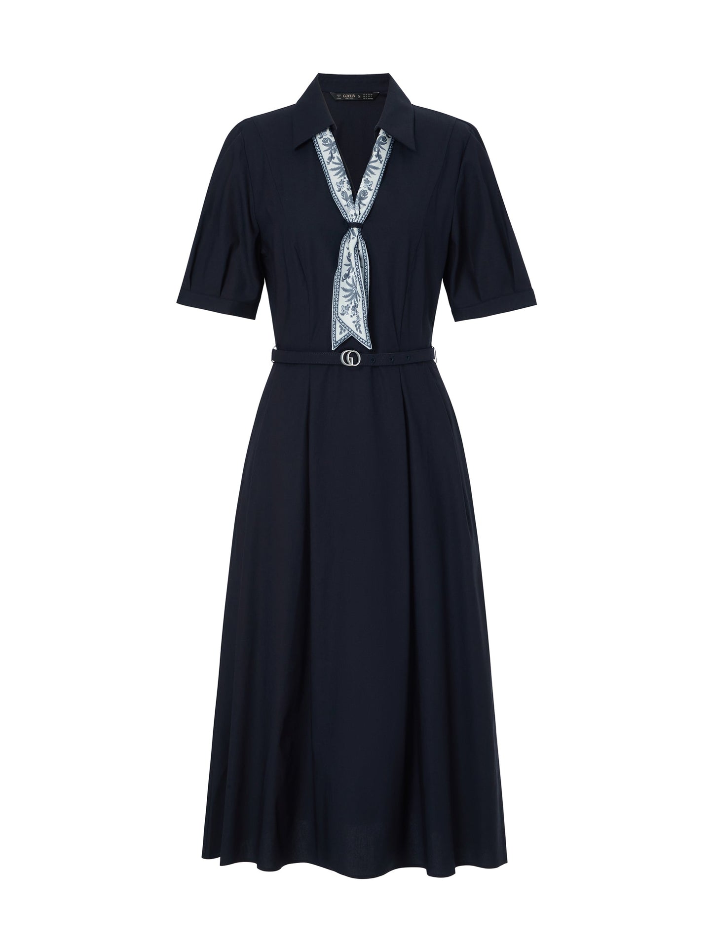 Linen Blend V-Neck Women Midi Dress With Silk Scarf And Belt