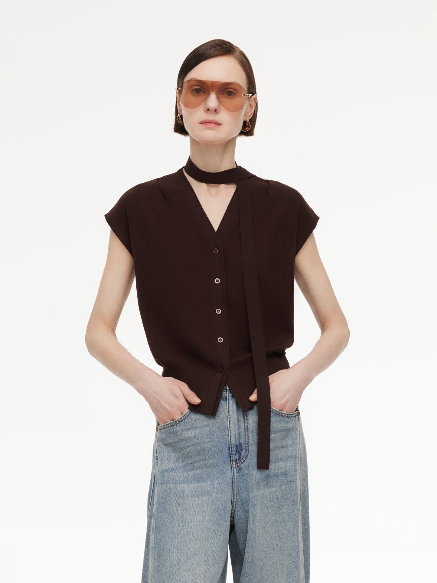 [Preview] Lyocell Blend V-Neck Women Knit Top With Ribbon