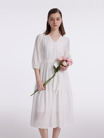 White V-Neck Gathered Waist Midi Dress