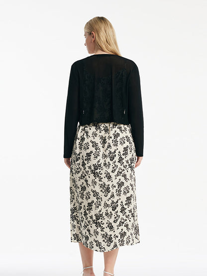 Camellia Print Spaghetti Strap Dress And Knitted Cardigan Two-Piece Set