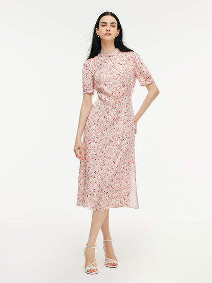 Floral Print Side Twist Women Qipao Midi Dress