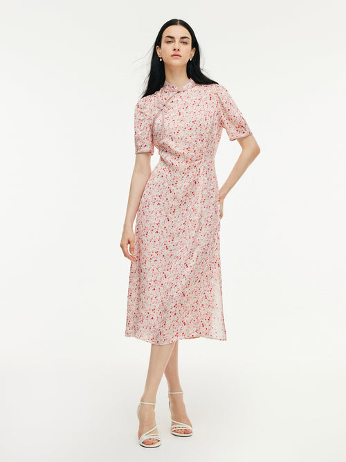Floral Print Side Twist Women Qipao Midi Dress