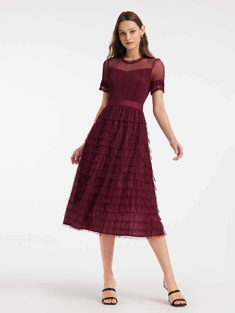 Short Sleeve Tulle Tiered Maxi Dress