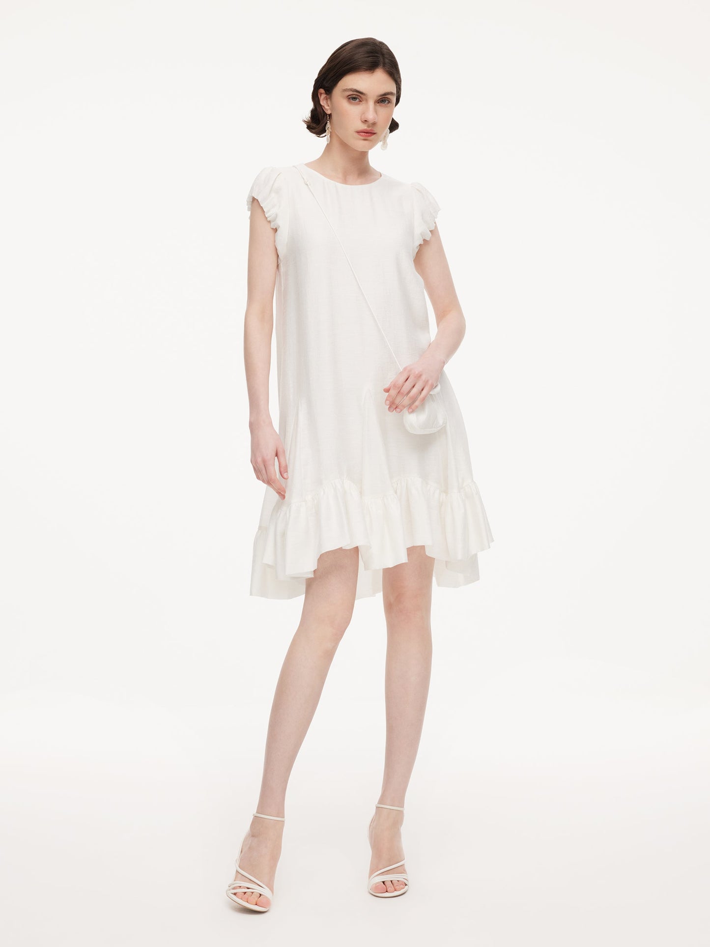 Lyocell Acetate Linen Blend Ruffle Hem Women Mini Dress With Crossbody Bag