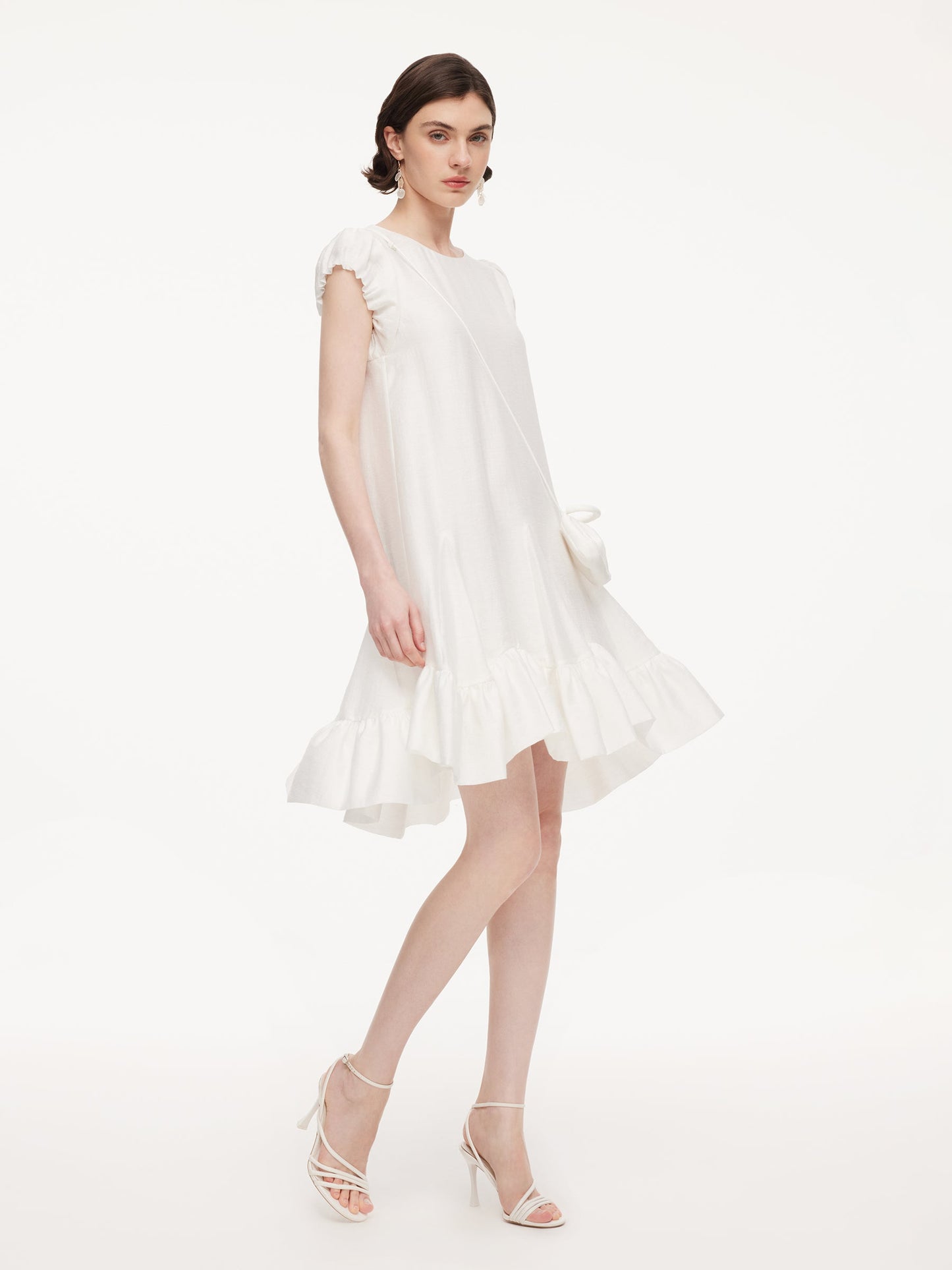 Lyocell Acetate Linen Blend Ruffle Hem Women Mini Dress With Crossbody Bag
