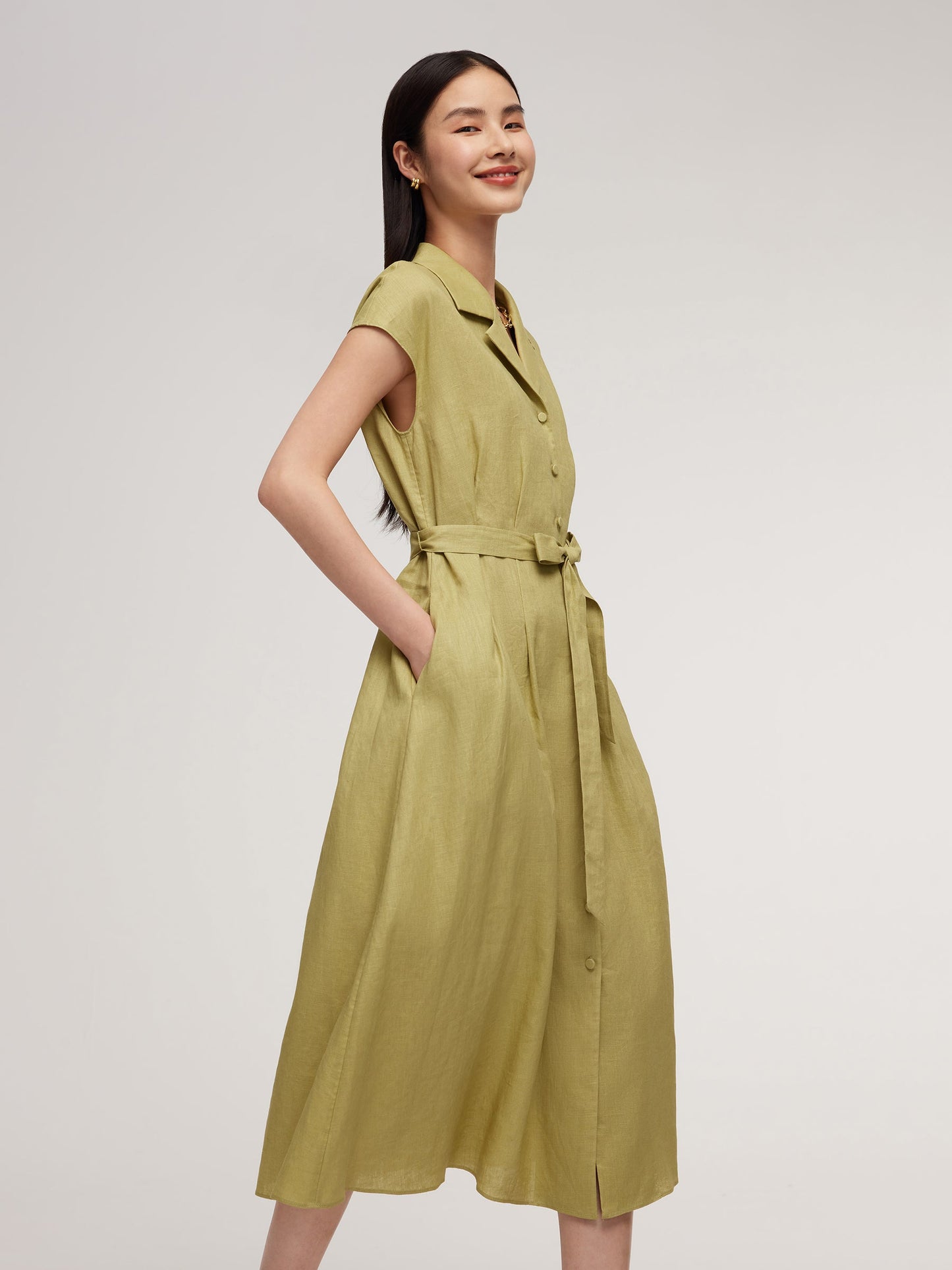 100% Linen Gathered Waist Women Self-Tie Belt Maxi Dress