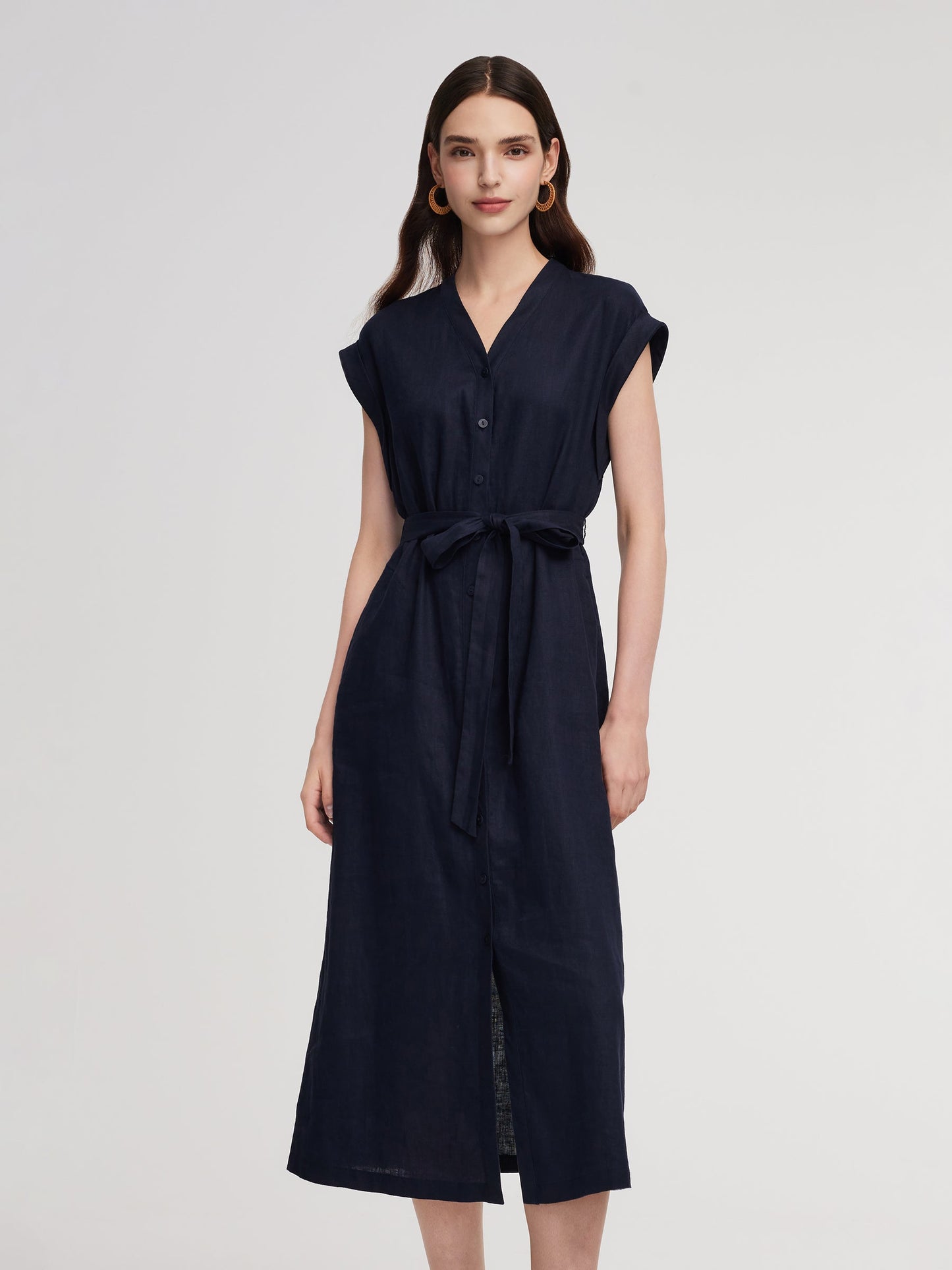 100% Linen V-Neck Women Self-Tie Belt Maxi Dress With Skirt Lining