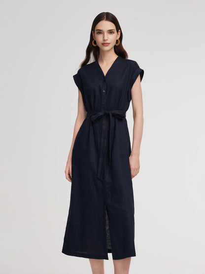 100% Linen V-Neck Women Self-Tie Belt Maxi Dress With Skirt Lining