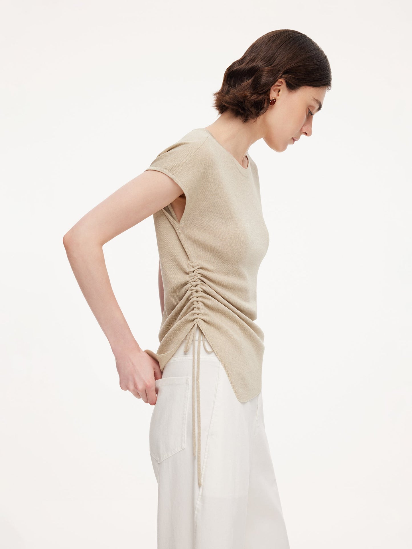 Lyocell Blend Side Drawstring Women Asymmetric Knit Top