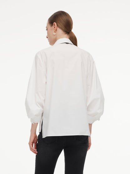 100% Cotton 3/4 Sleeve Women Shirt With Ribbon Print Silky Scarf