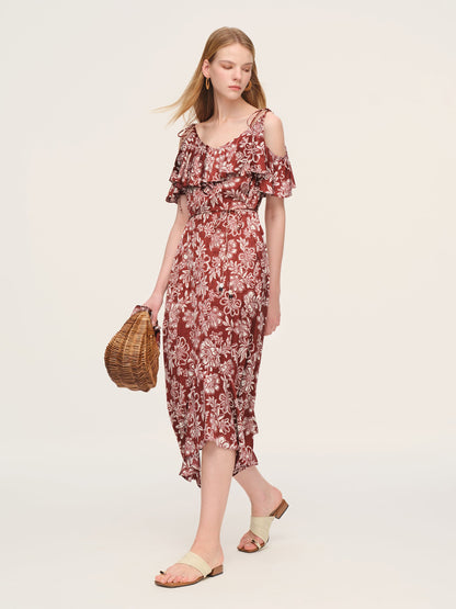 Marigold Floral Print Cold Shoulder Women Strap Maxi Dress