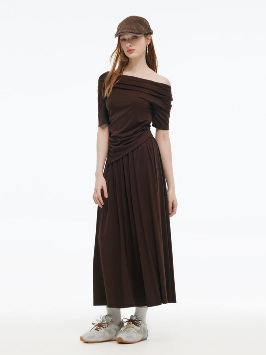 Tencel Blend Stretchy Knit Top And A-Line Skirt Two-Piece Set
