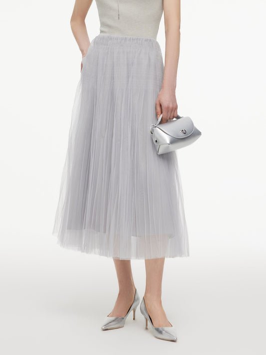 Elastic Waist A-Line Pleated Women Mesh Skirt