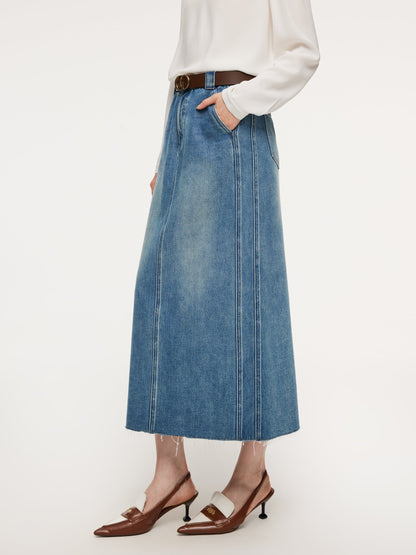Lyocell Cotton Blend Denim Frayed Hem Women Skirt With Belt