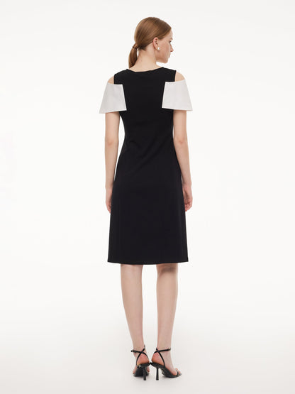 Pre-Order Color Block Cold Shoulder Women Patchwork Side Slit Knit Midi Dress
