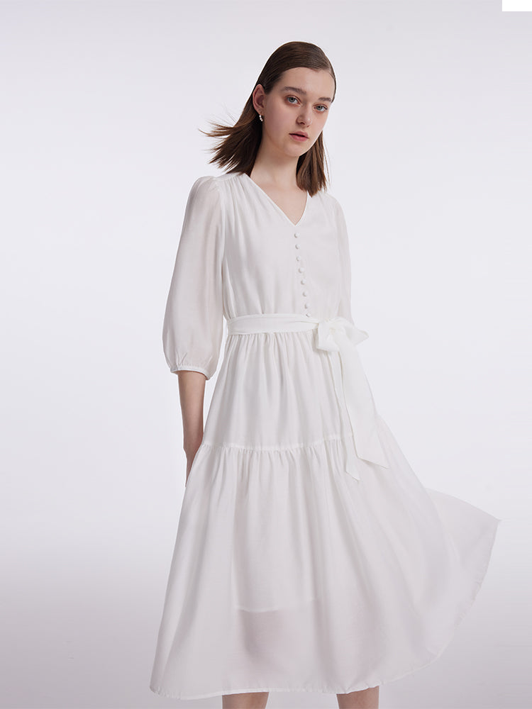 White V-Neck Gathered Waist Midi Dress