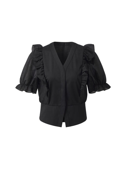 Tencel Blend Puff Sleeve Women Ruffe Patchwork Top