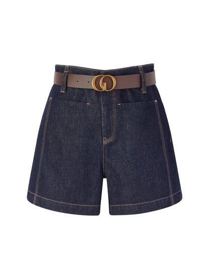 100% Cotton Denim Slimming Seamed Women Shorts With Belt