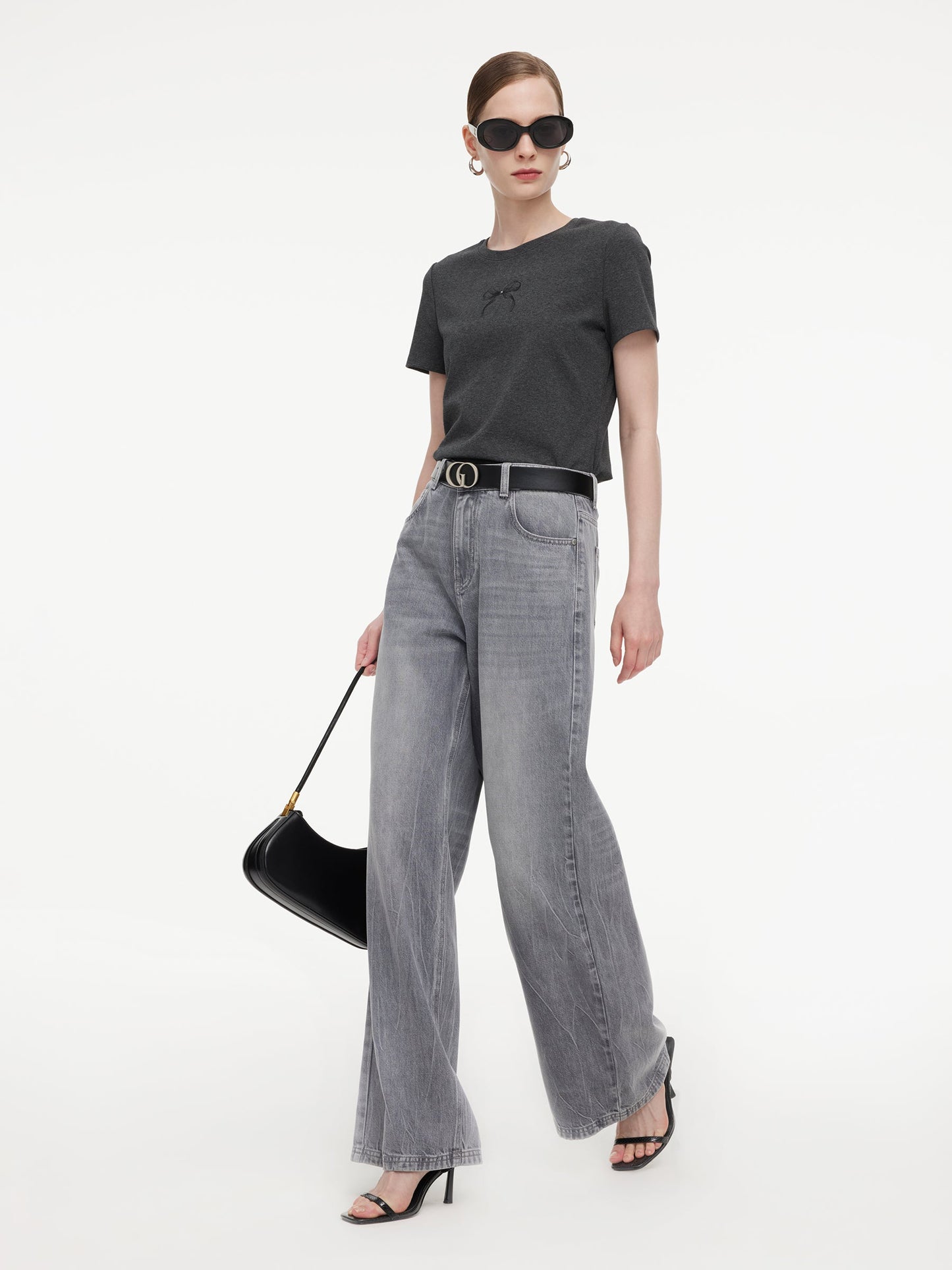 Lyocell Cotton Blend Denim Women Straight Wide Leg Jeans With Leather Belt