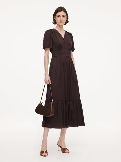 Cotton Blend V-Neck Women A-Line Tiered Maxi Dress