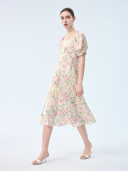 19MM Mulberry Silk Floral Print Women Square Neck Midi Dress