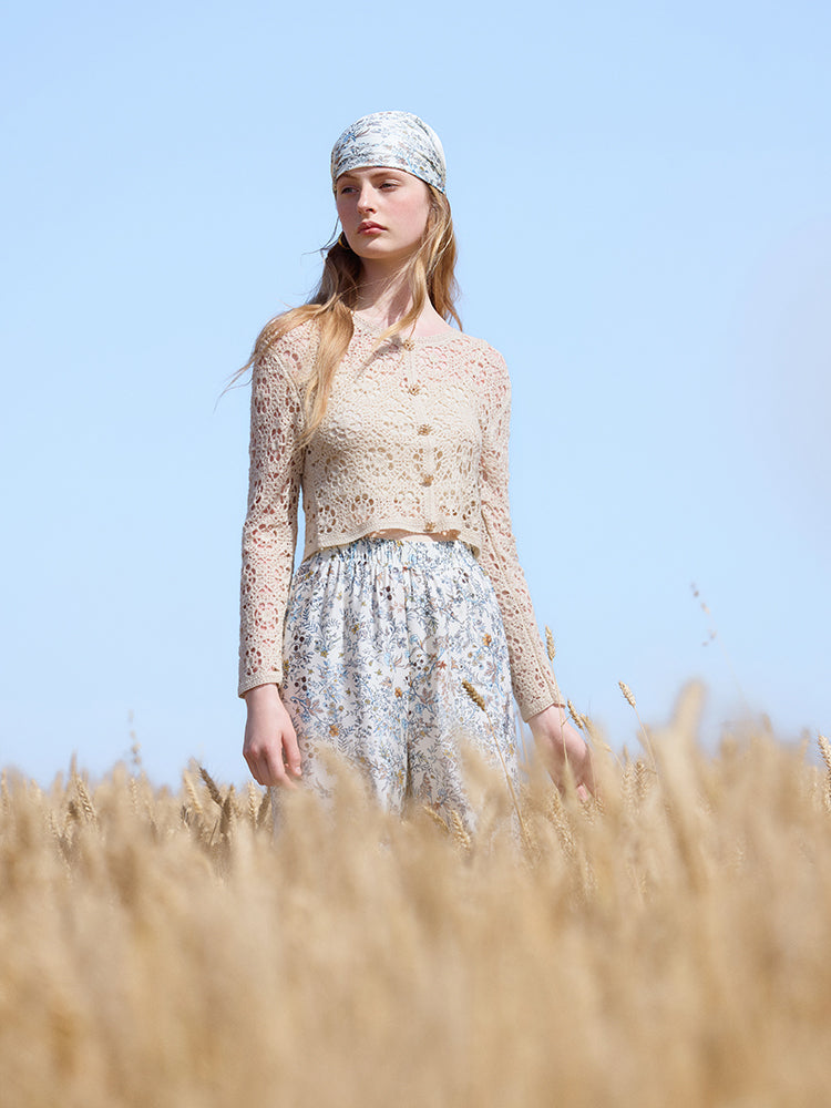 Wool Openwork Women Crop Knit Top With Camisole