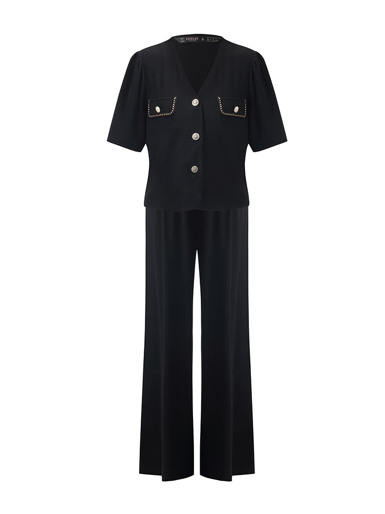 Pre-Order V-Neck Top And Straight Pants Two-Piece Set
