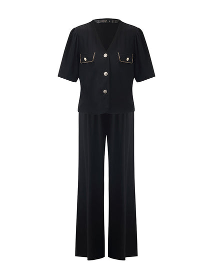 Pre-Order V-Neck Top And Straight Pants Two-Piece Set