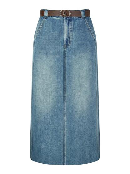 Lyocell Cotton Blend Denim Frayed Hem Women Skirt With Belt