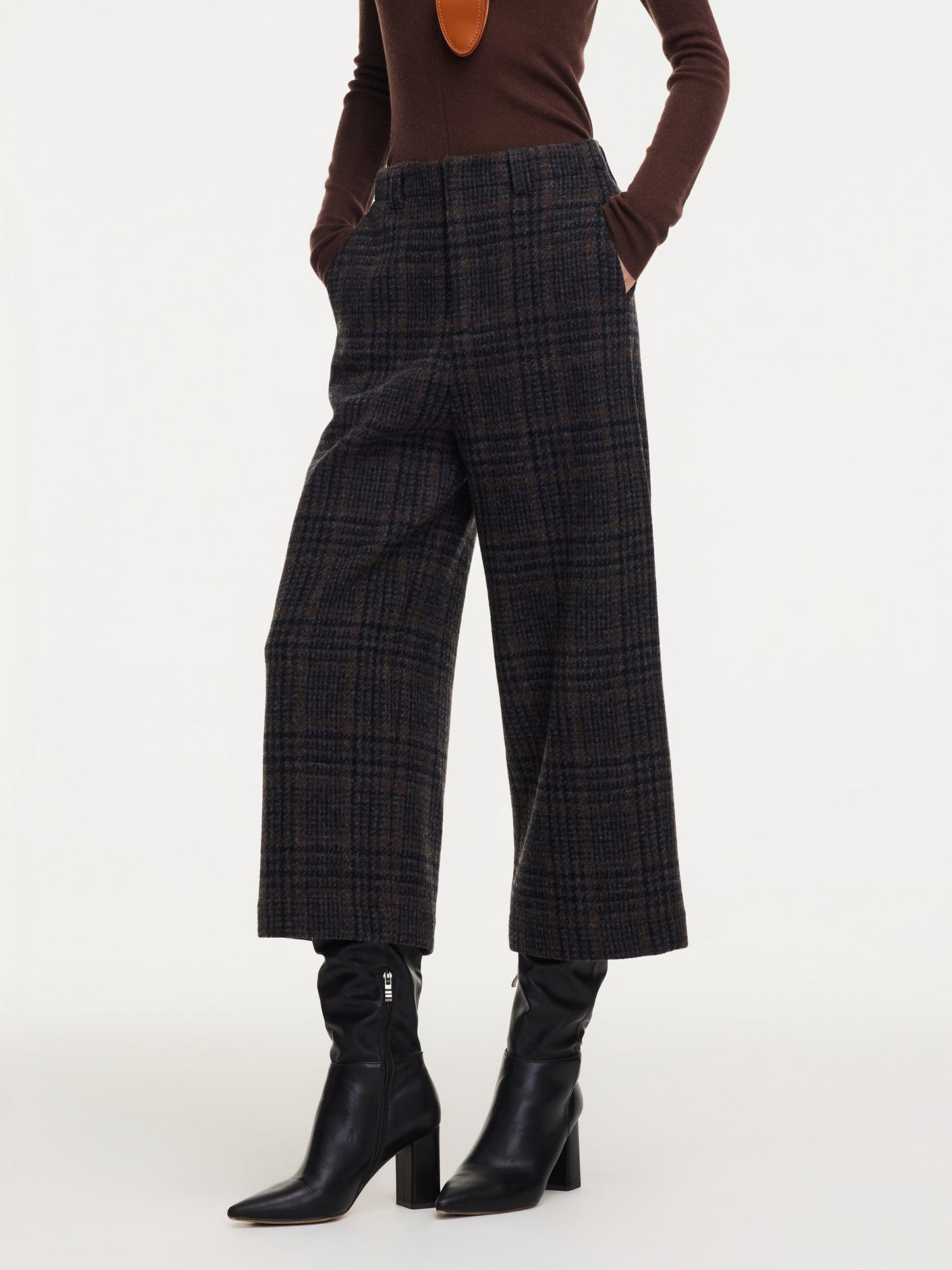 100% Wool Plaid Women Wide Leg Pants