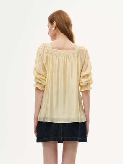 Tencel Blend Embroidered Square Neck Women Blouse