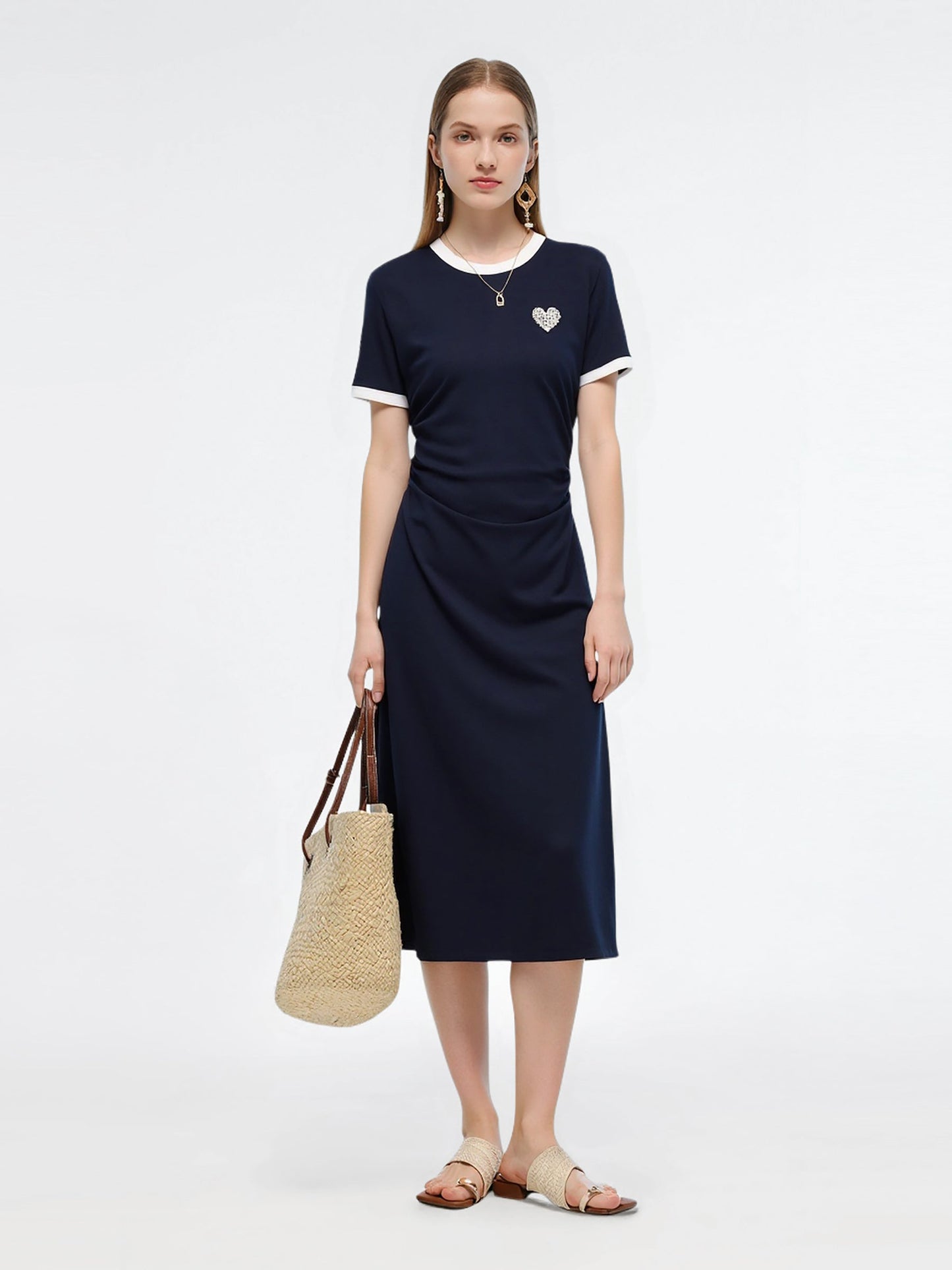 Side Pleat Round Neck Women Knit Midi Dress