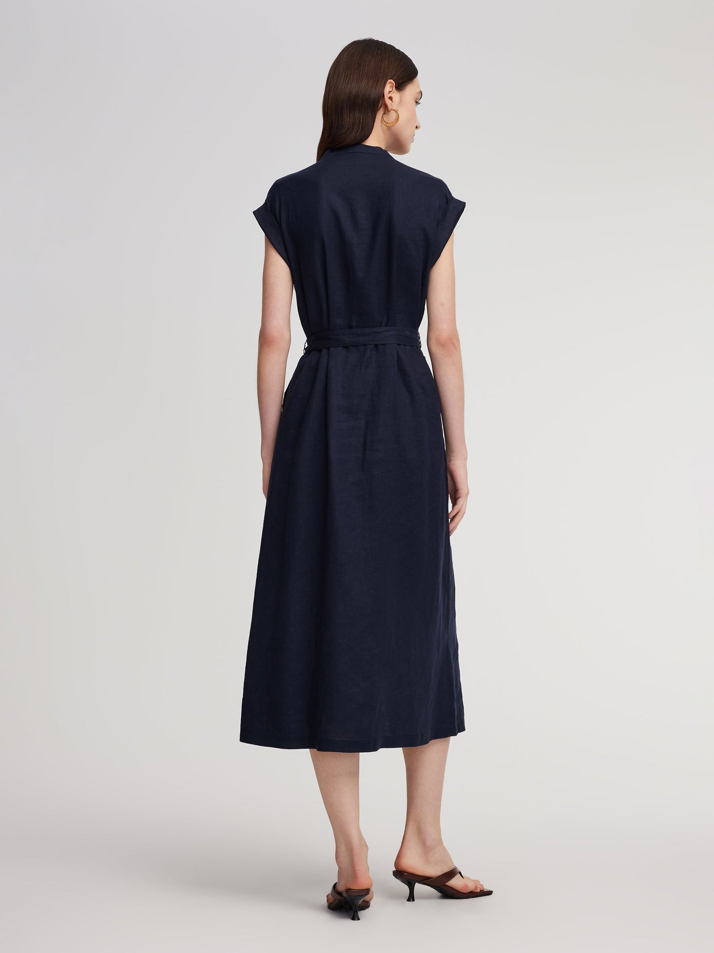 100% Linen V-Neck Women Self-Tie Belt Maxi Dress With Skirt Lining