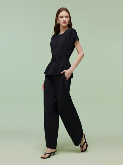 Four-Way Stretch Top And Ankle Length Pants Two-Piece Set With Belt