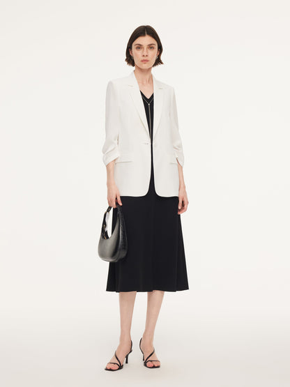 Triacetate Blend One Button Women Ruched Sleeve Blazer