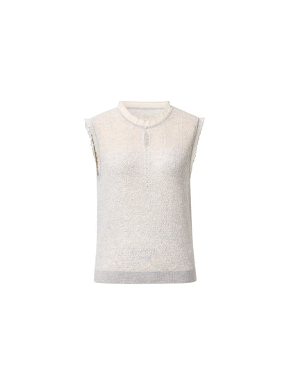 Jacquard Cut Out Neckline Women Ruffle Knit Tank Top