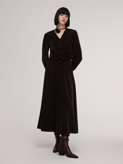 Velvet Twist Front Knit Top And Skirt Two-Piece Set With Floral Ribbon