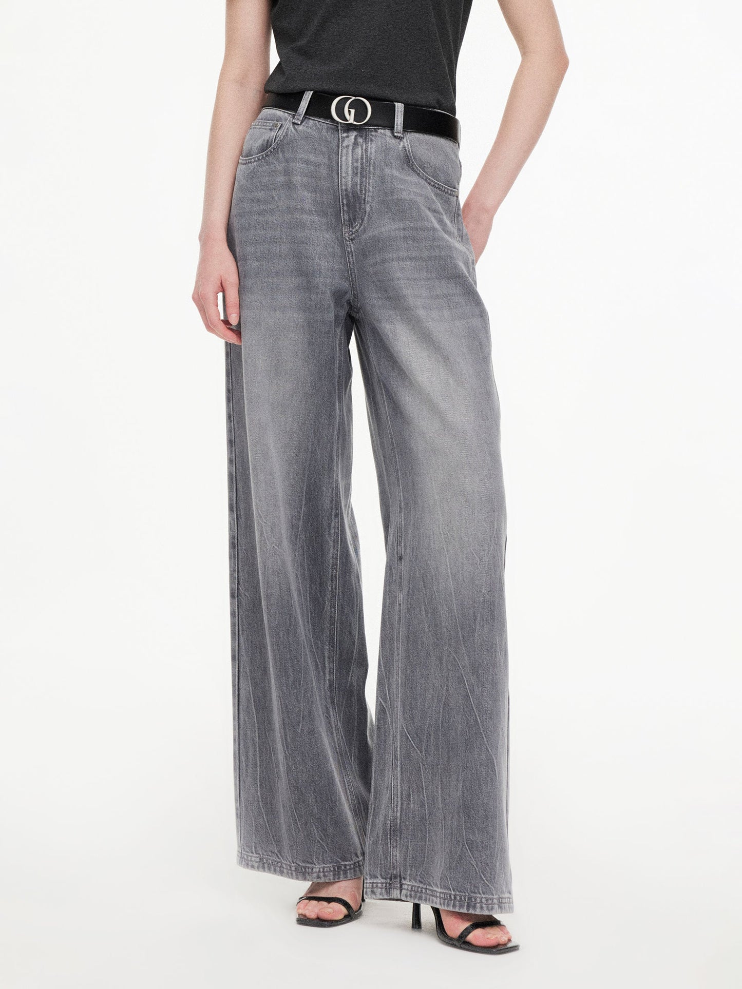 Lyocell Cotton Blend Denim Women Straight Wide Leg Jeans With Leather Belt