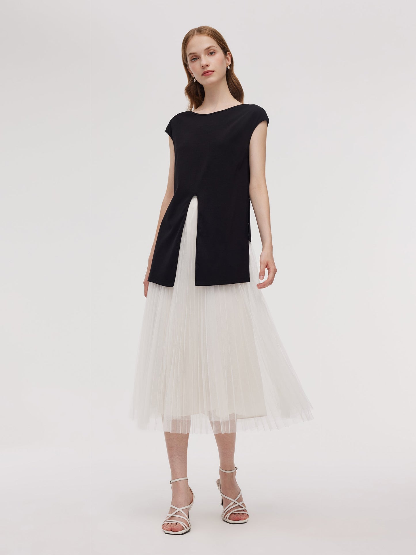 Adjustable Hem Knit Top And Mesh Pleated Skirt Two-Piece Set