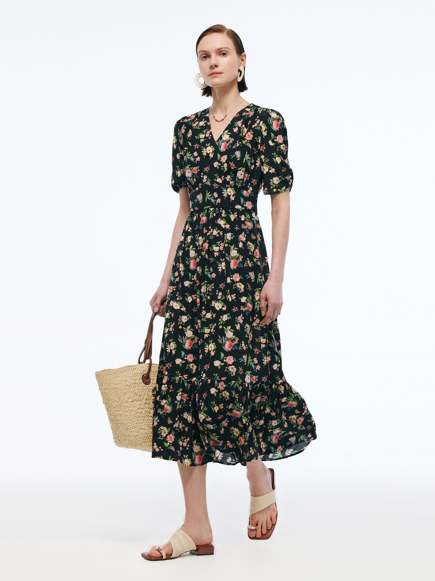 16MM Mulberry Silk Floral Print Women Puff Sleeve Maxi Dress
