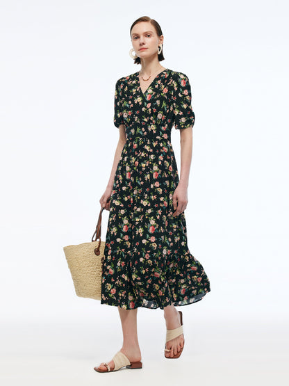 16MM Mulberry Silk Floral Print Women Puff Sleeve Maxi Dress