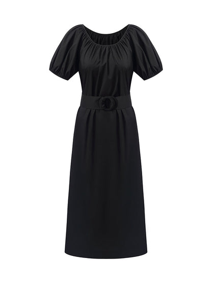 Puff Sleeves Women Midi Dress With Belt