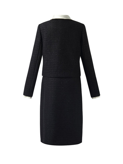 Tweed Crop Jacket And A-Line Skirt Two-Piece Set With Detachable Contrast Collar