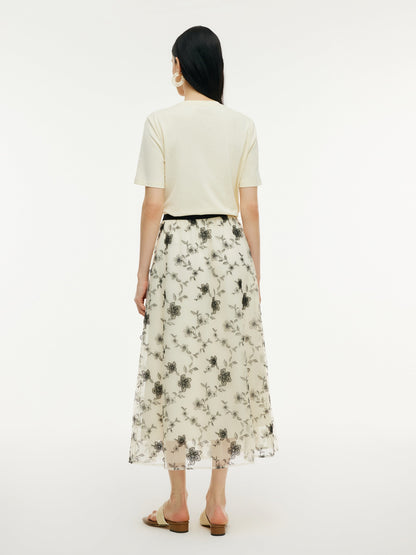 Floral Embroidered Women Elastic Waist Mesh Skirt