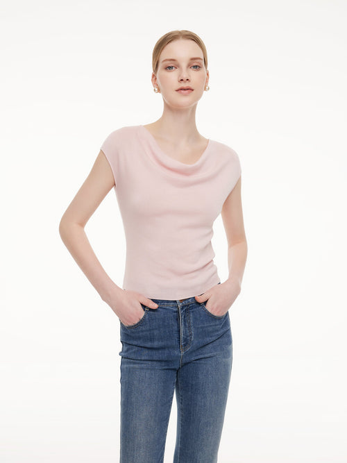 Tencel Mulberry Silk Cowl Neck Women Cap Sleeve Knit Top