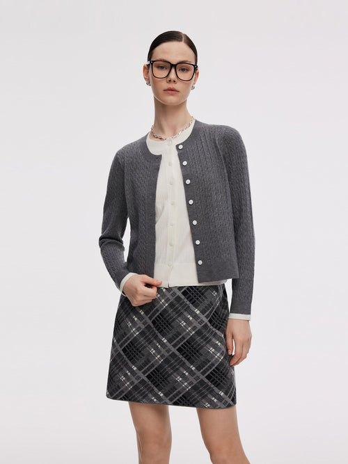 Faux-Layered Cardigan And Plaid Skirt Two-Piece Set