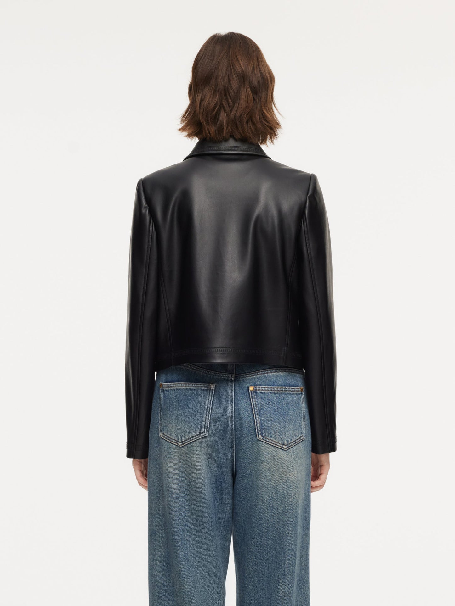 PU Leather Embroidered Trim Women Cropped Jacket